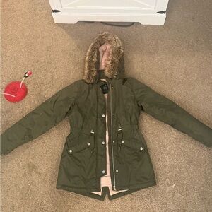 Prana Olive Green Puffer Jacket with Faux Fur Hood